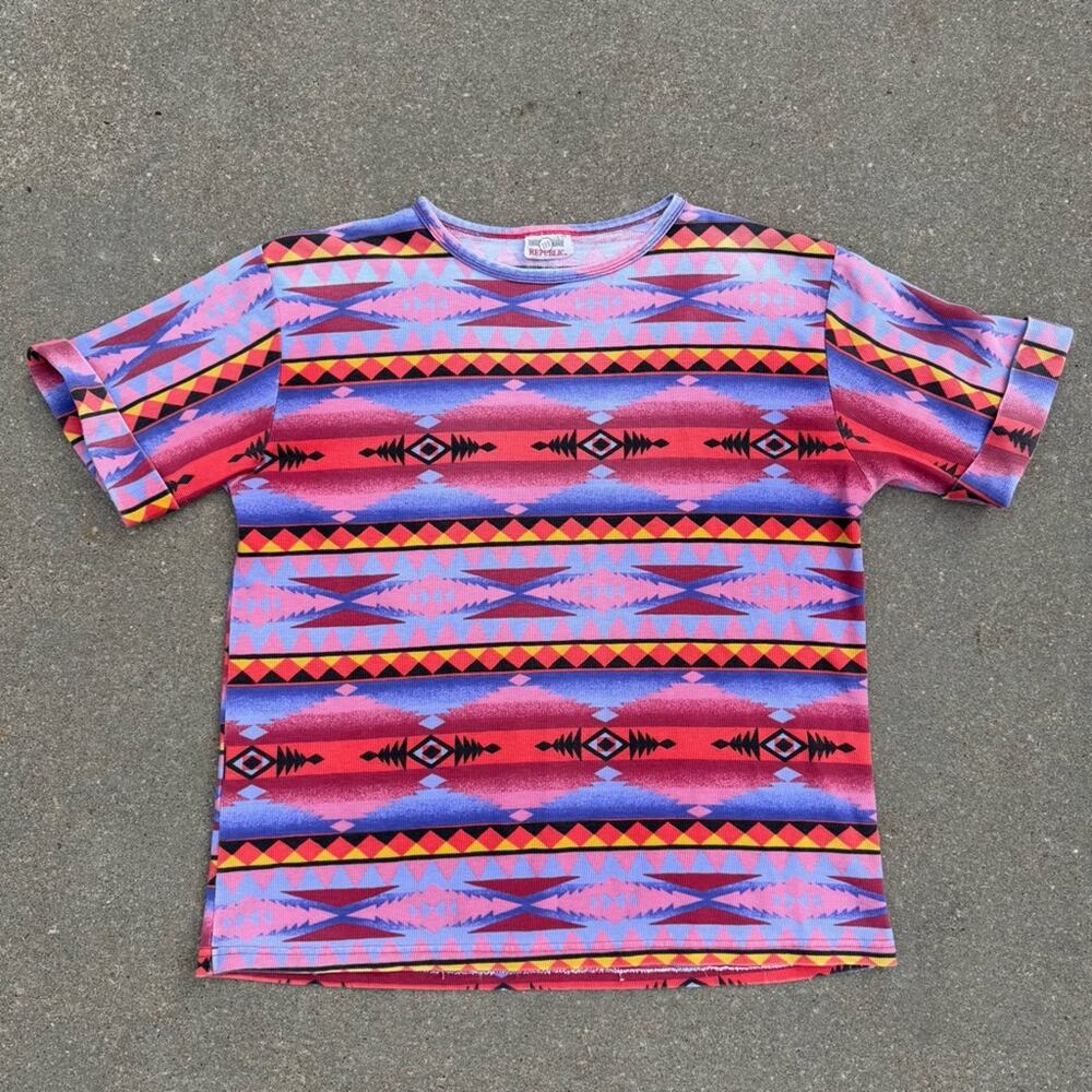 Vintage 90s Denim Republic Colorful Southwestern Geometric Roll Sleeve T Shirt
